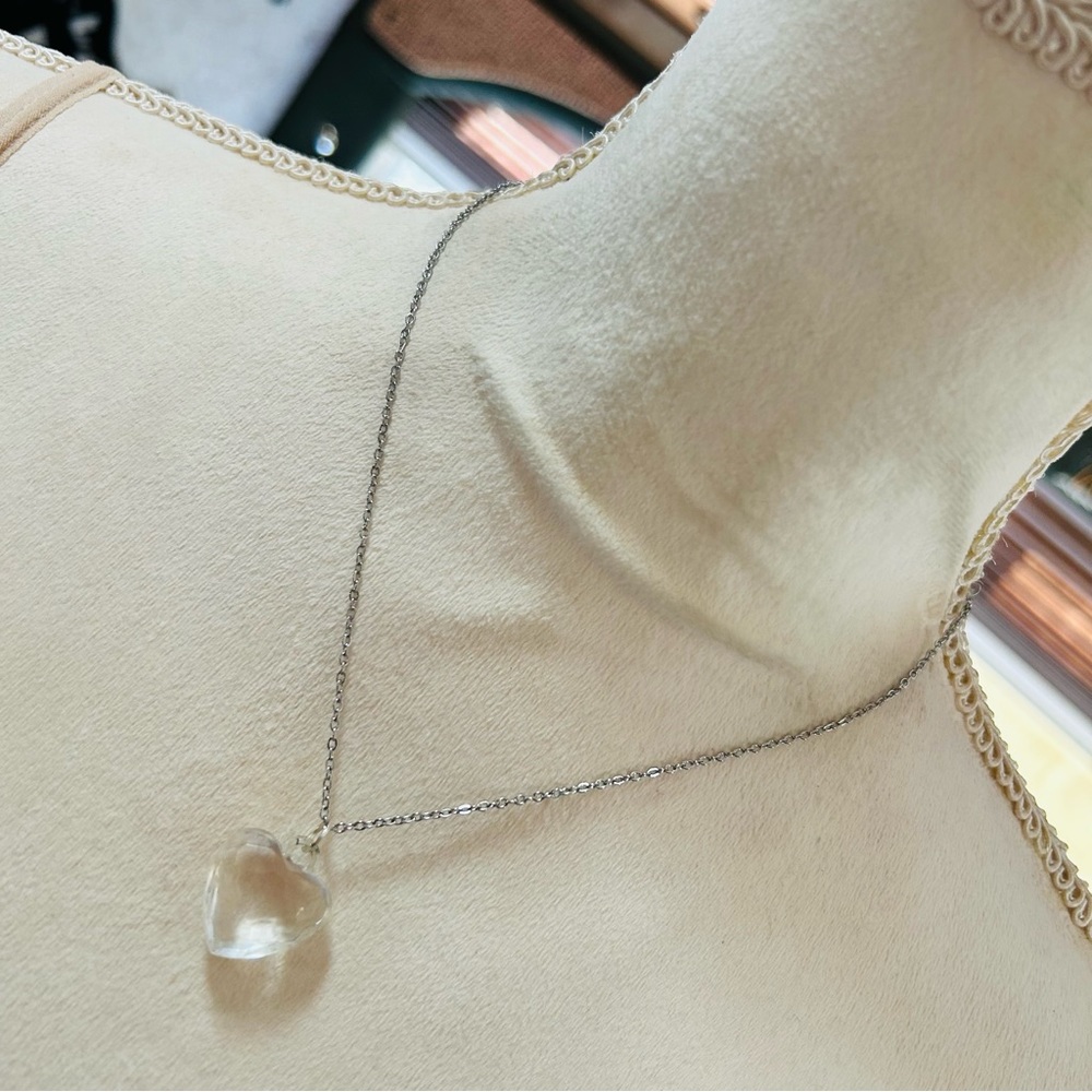 Handcrafted repurpose clear lucite heart vintage pendant on chain necklace